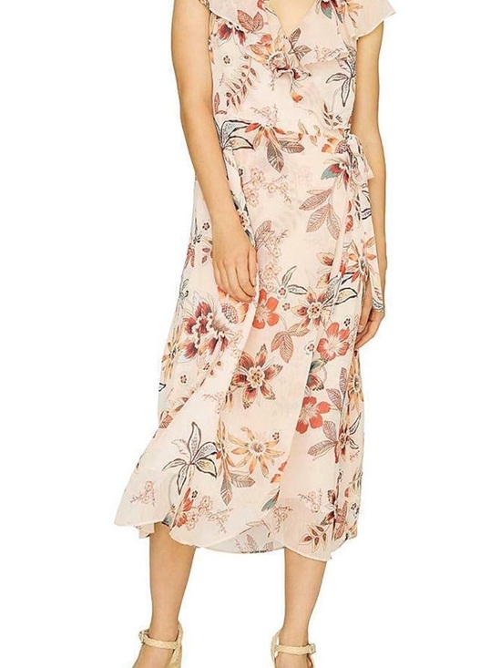 Sanctuary Dresses & Skirts - Sanctuary Floral Wrap Midi Dress NWT Beige Boho Ruffle Sleeve Tie Waist Summer